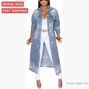 Long Denim Jacket Trench Coat with Ripped Holes Slim Fit Maxi Length